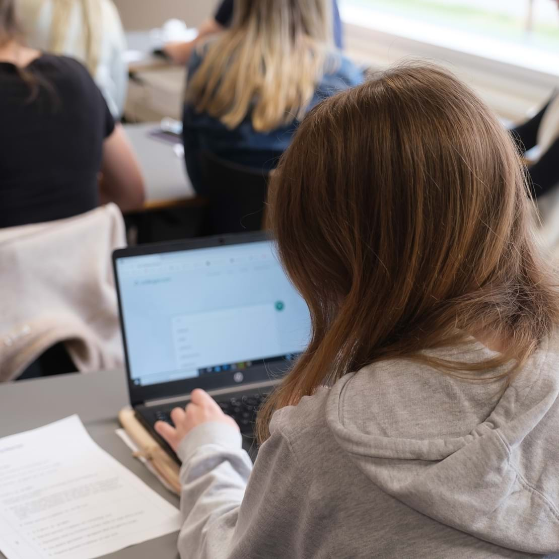 Pige set bagfra kigger på computerskærm