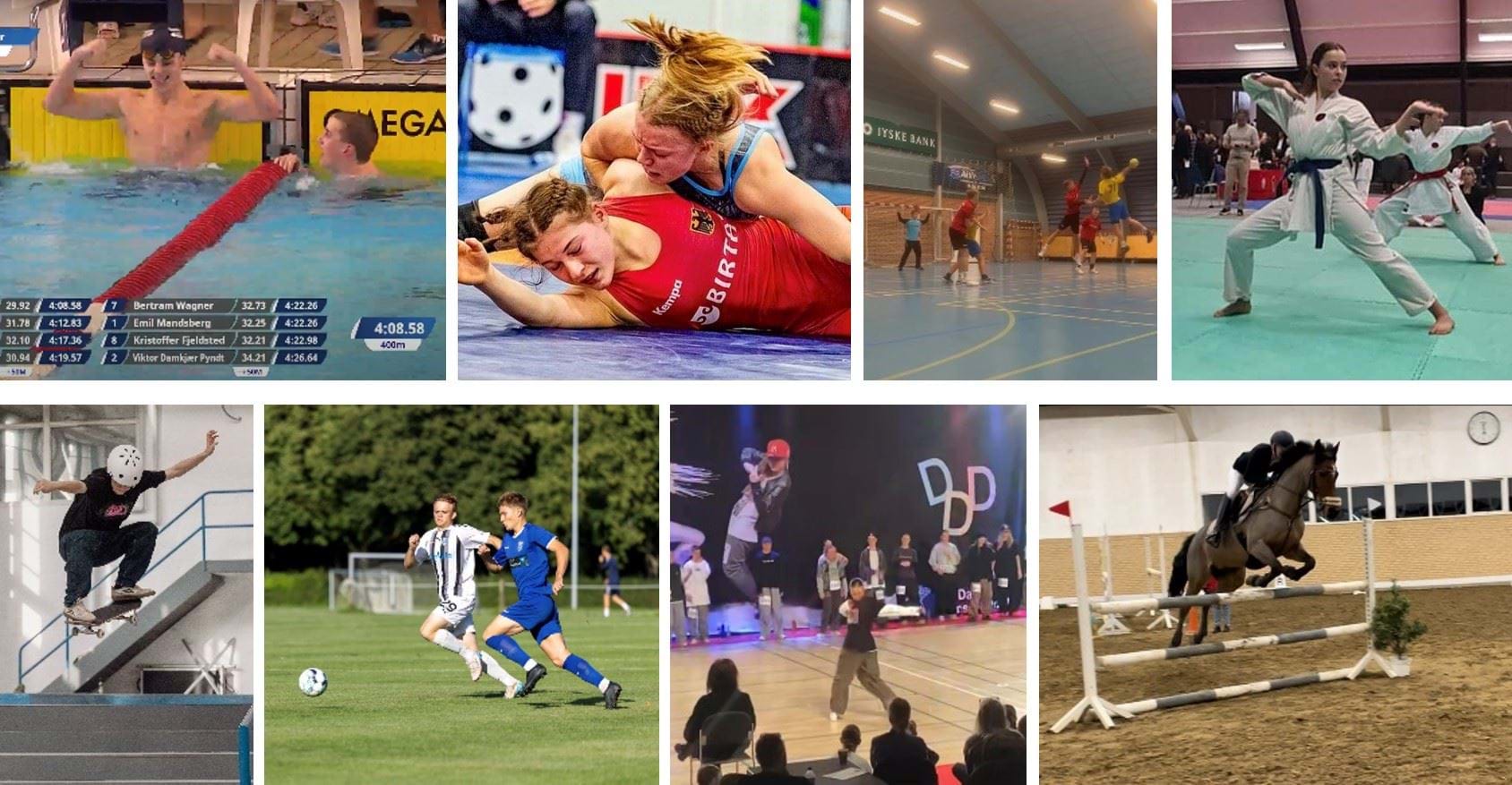 8 sportsbilleder i ét. Svømning, brydning, håndbold, karate, skateboard, fodbold, hiphop og springridning