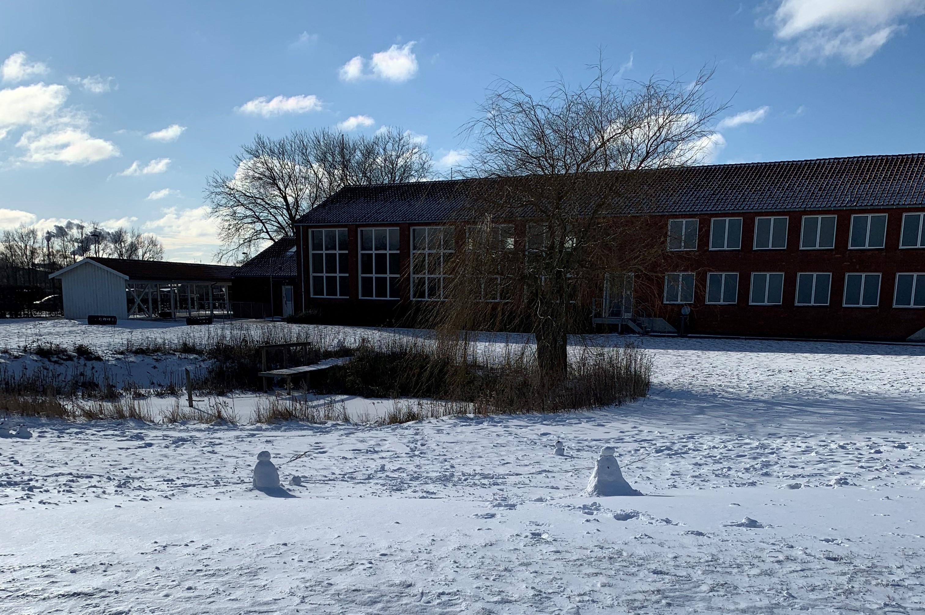 Skolen med sne på græsset