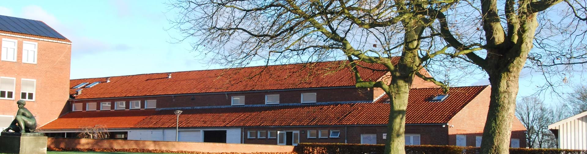 Skolen med efterårsblade på græsset